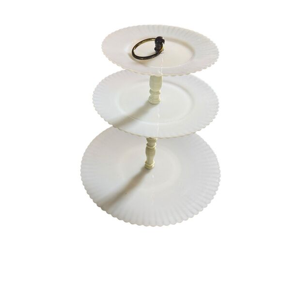 Depression MacBeth Evans Glass Petalware Monax White 3 Tiered Tidbit Server - Picture 11 of 11